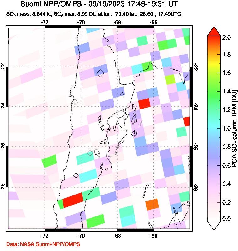 A sulfur dioxide image over Northern Chile on Sep 19, 2023.