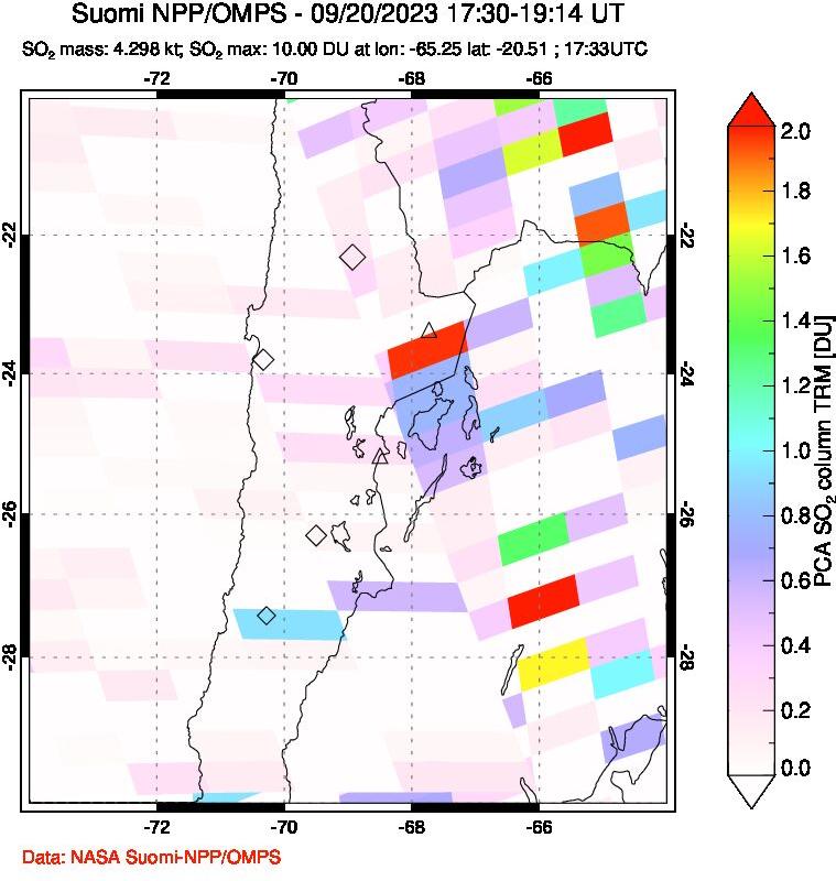 A sulfur dioxide image over Northern Chile on Sep 20, 2023.