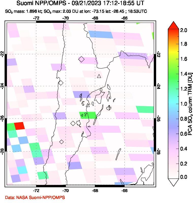 A sulfur dioxide image over Northern Chile on Sep 21, 2023.