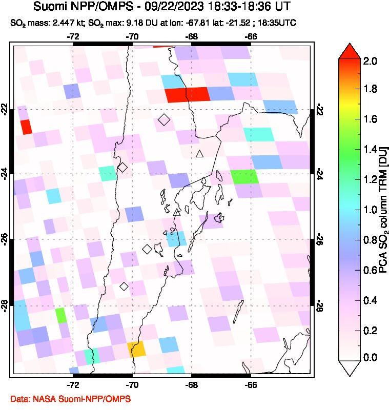 A sulfur dioxide image over Northern Chile on Sep 22, 2023.