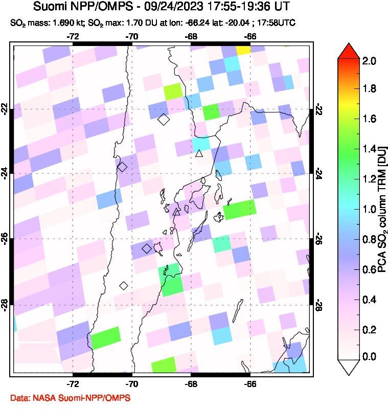 A sulfur dioxide image over Northern Chile on Sep 24, 2023.