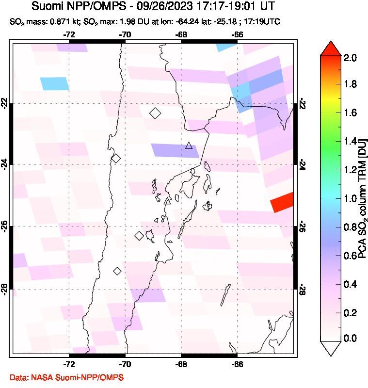 A sulfur dioxide image over Northern Chile on Sep 26, 2023.