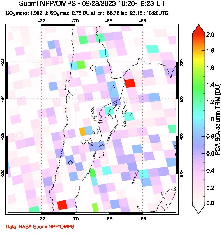 A sulfur dioxide image over Northern Chile on Sep 28, 2023.