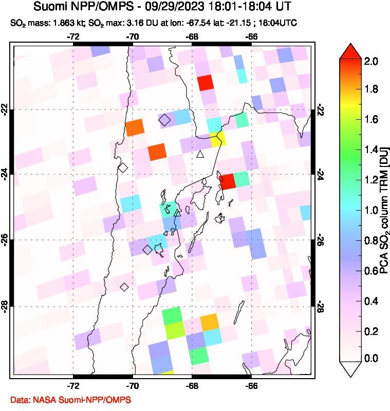 A sulfur dioxide image over Northern Chile on Sep 29, 2023.