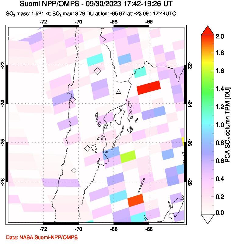 A sulfur dioxide image over Northern Chile on Sep 30, 2023.