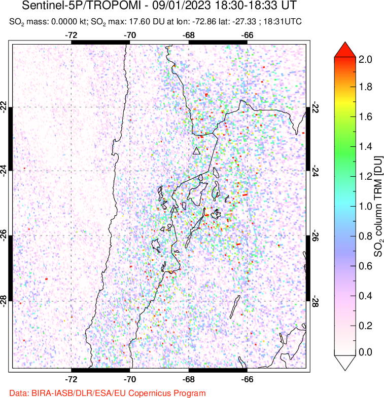 A sulfur dioxide image over Northern Chile on Sep 01, 2023.