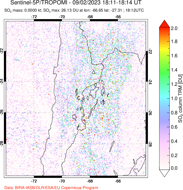 A sulfur dioxide image over Northern Chile on Sep 02, 2023.