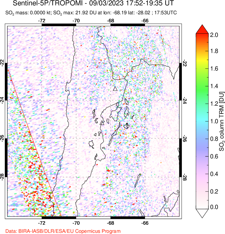 A sulfur dioxide image over Northern Chile on Sep 03, 2023.