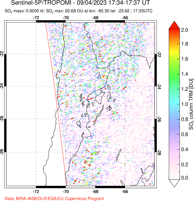 A sulfur dioxide image over Northern Chile on Sep 04, 2023.