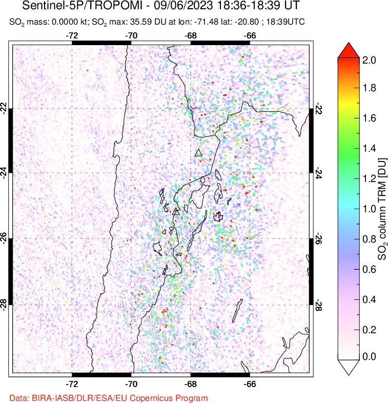 A sulfur dioxide image over Northern Chile on Sep 06, 2023.