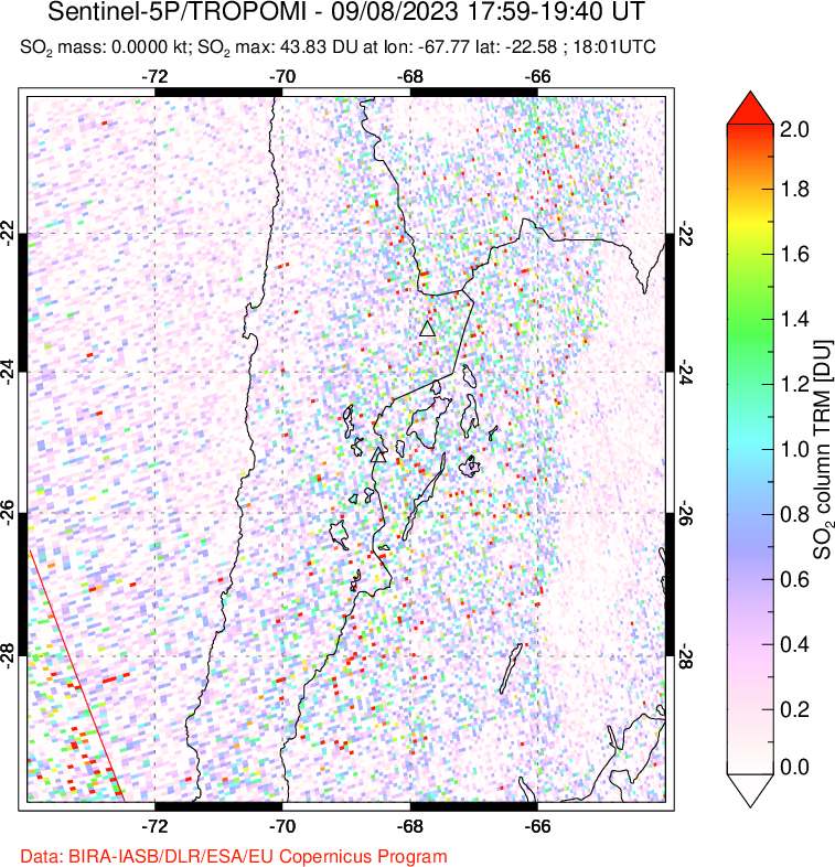 A sulfur dioxide image over Northern Chile on Sep 08, 2023.