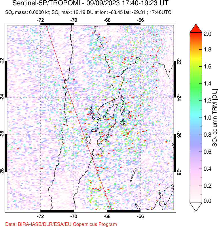 A sulfur dioxide image over Northern Chile on Sep 09, 2023.