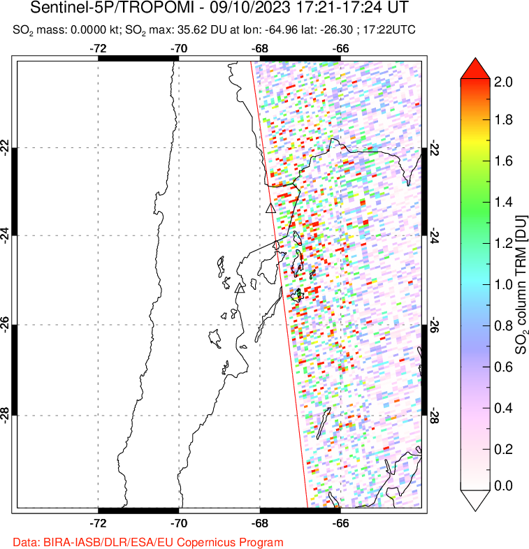 A sulfur dioxide image over Northern Chile on Sep 10, 2023.