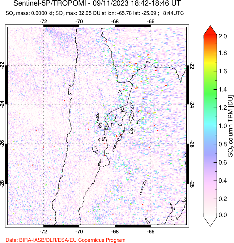 A sulfur dioxide image over Northern Chile on Sep 11, 2023.