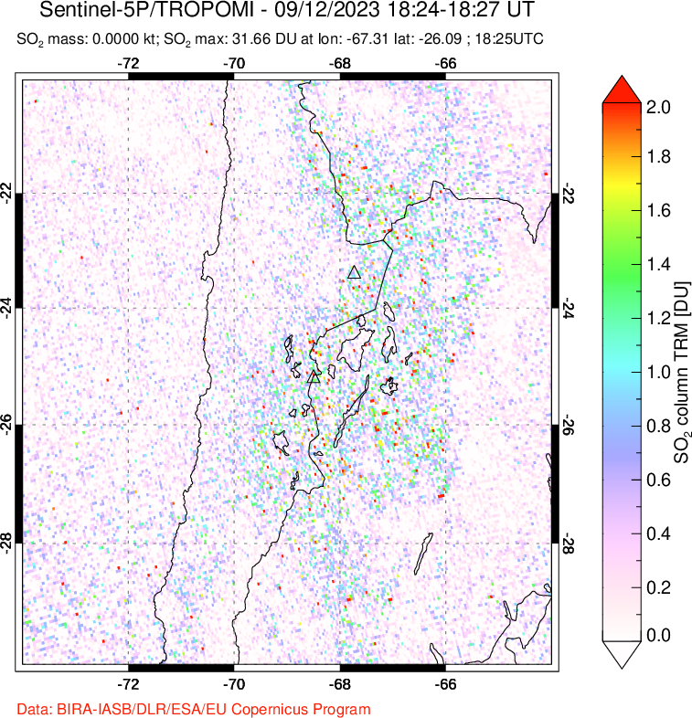 A sulfur dioxide image over Northern Chile on Sep 12, 2023.