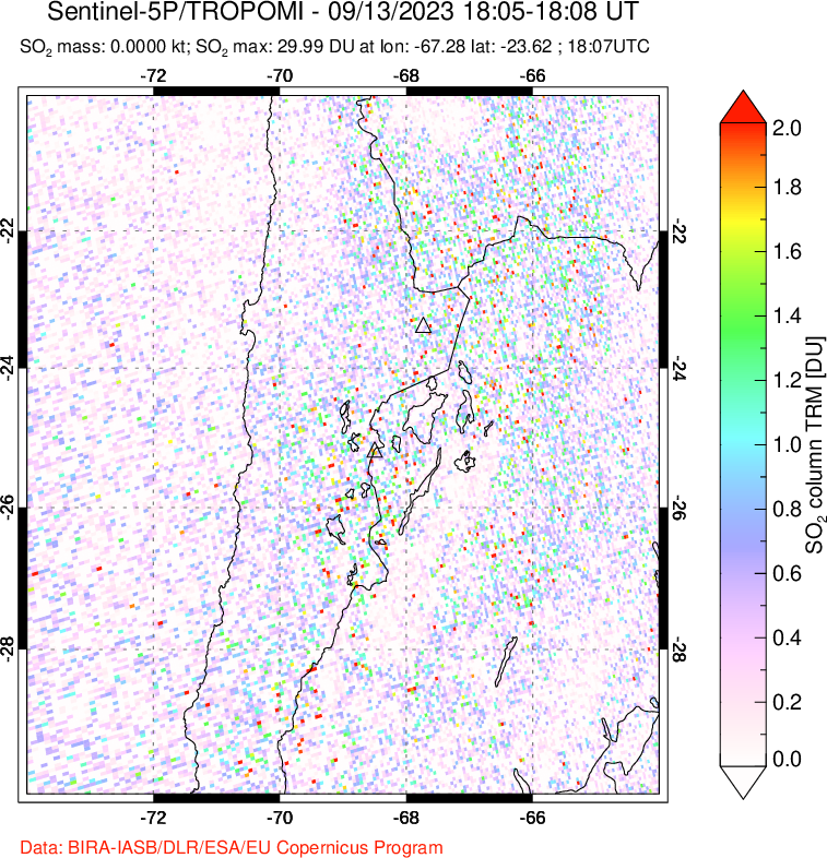 A sulfur dioxide image over Northern Chile on Sep 13, 2023.