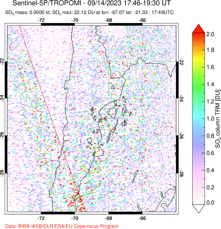 A sulfur dioxide image over Northern Chile on Sep 14, 2023.