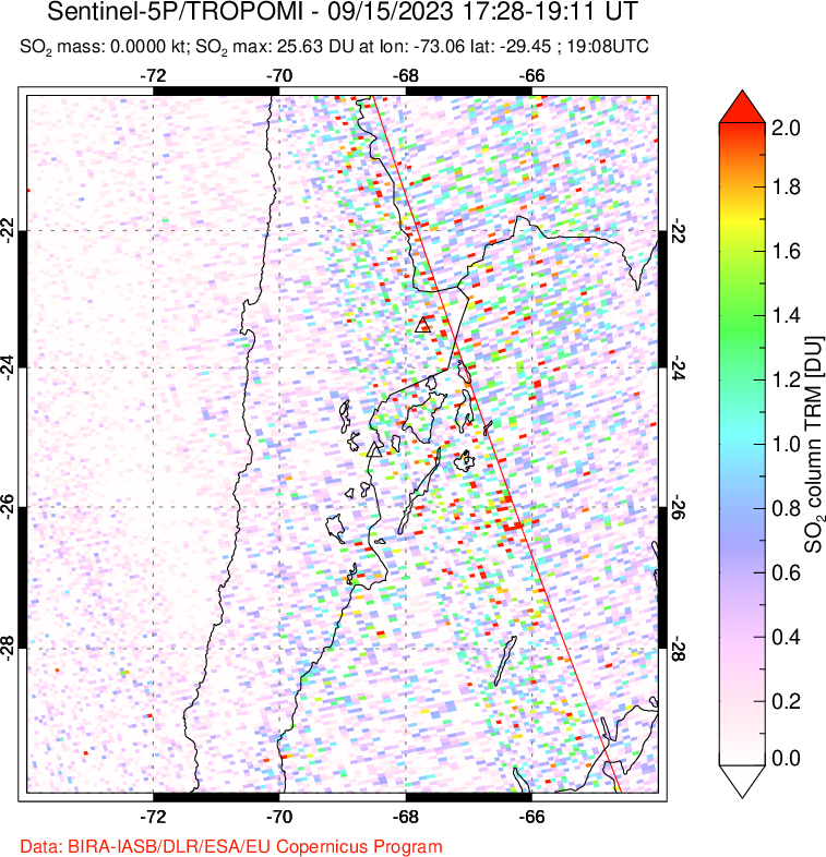 A sulfur dioxide image over Northern Chile on Sep 15, 2023.