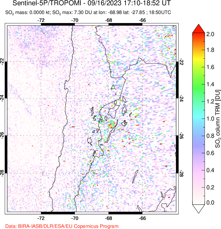 A sulfur dioxide image over Northern Chile on Sep 16, 2023.