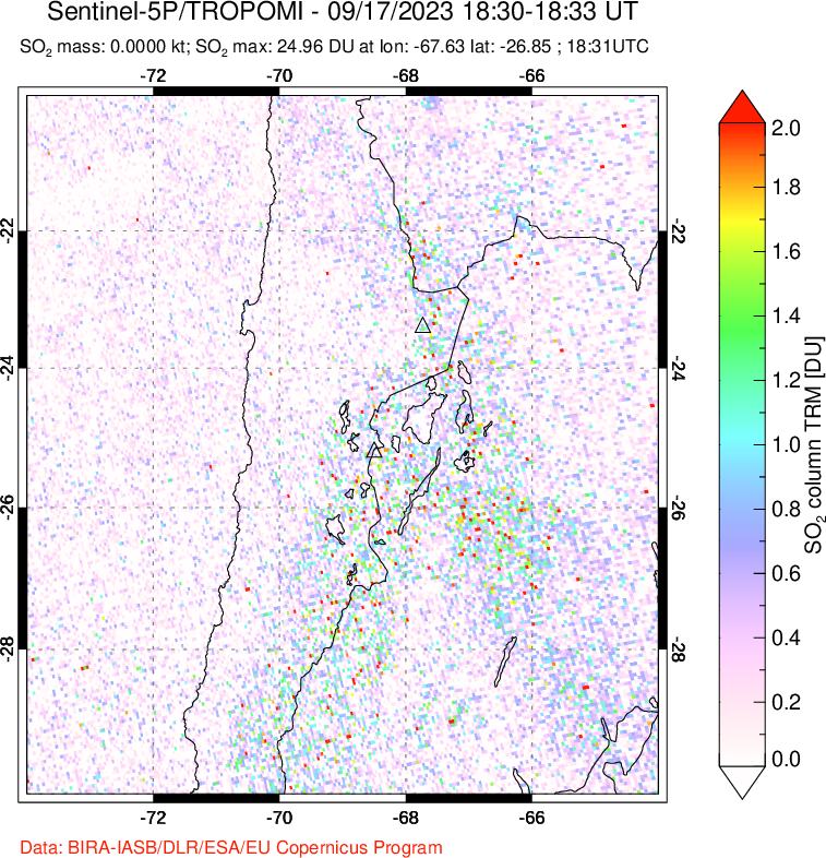 A sulfur dioxide image over Northern Chile on Sep 17, 2023.