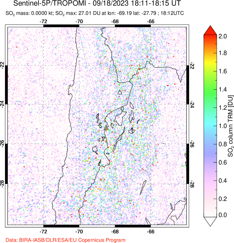 A sulfur dioxide image over Northern Chile on Sep 18, 2023.