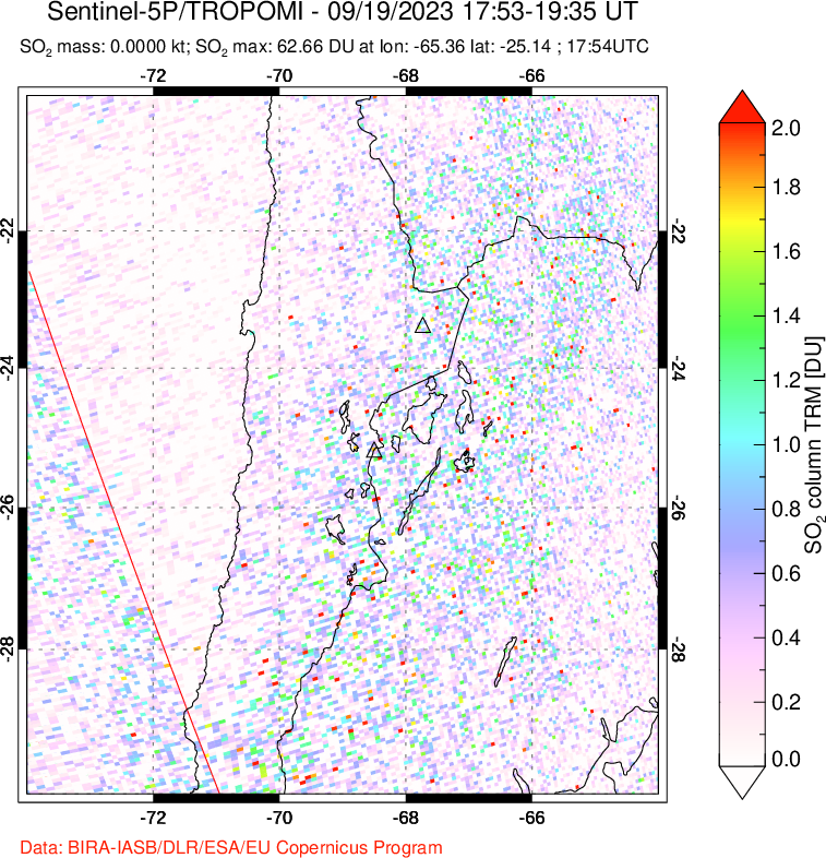 A sulfur dioxide image over Northern Chile on Sep 19, 2023.