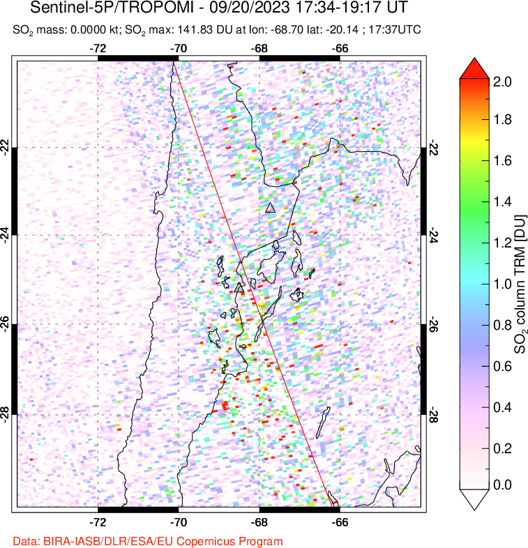 A sulfur dioxide image over Northern Chile on Sep 20, 2023.