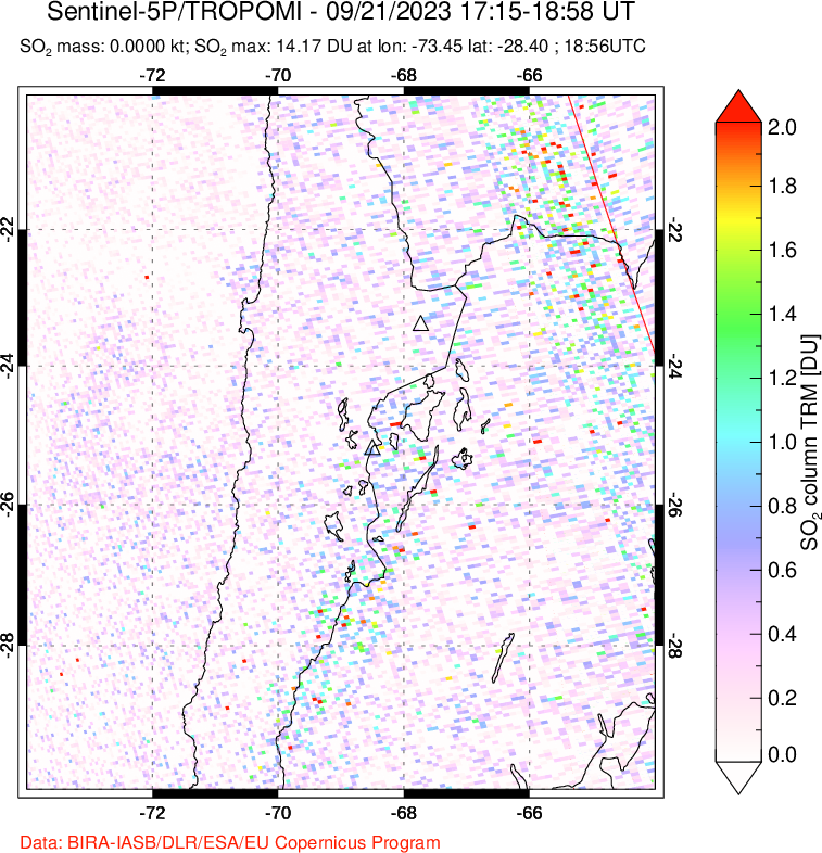 A sulfur dioxide image over Northern Chile on Sep 21, 2023.