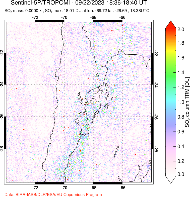 A sulfur dioxide image over Northern Chile on Sep 22, 2023.