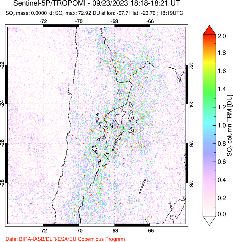 A sulfur dioxide image over Northern Chile on Sep 23, 2023.