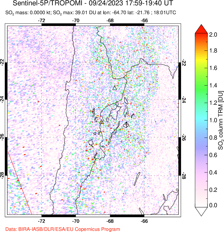 A sulfur dioxide image over Northern Chile on Sep 24, 2023.