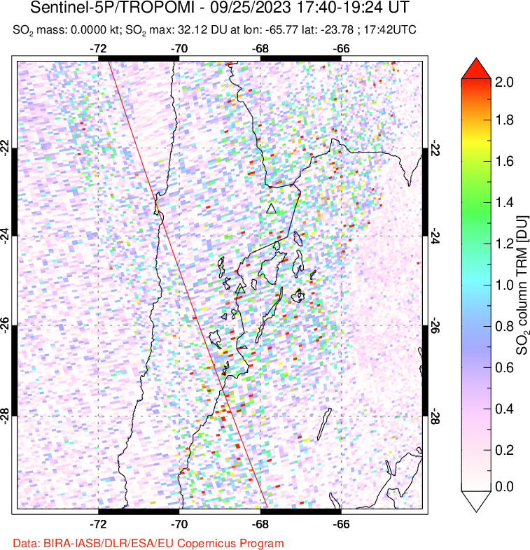 A sulfur dioxide image over Northern Chile on Sep 25, 2023.