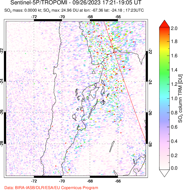 A sulfur dioxide image over Northern Chile on Sep 26, 2023.