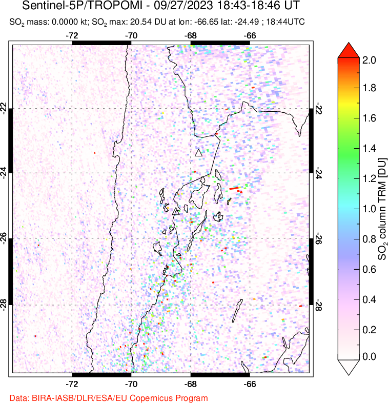 A sulfur dioxide image over Northern Chile on Sep 27, 2023.