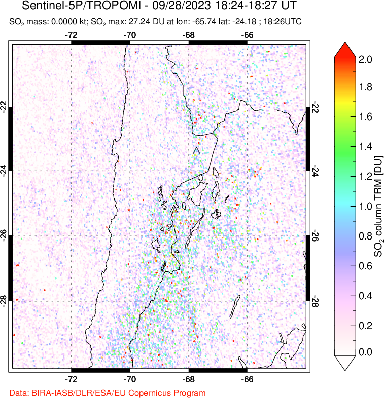 A sulfur dioxide image over Northern Chile on Sep 28, 2023.