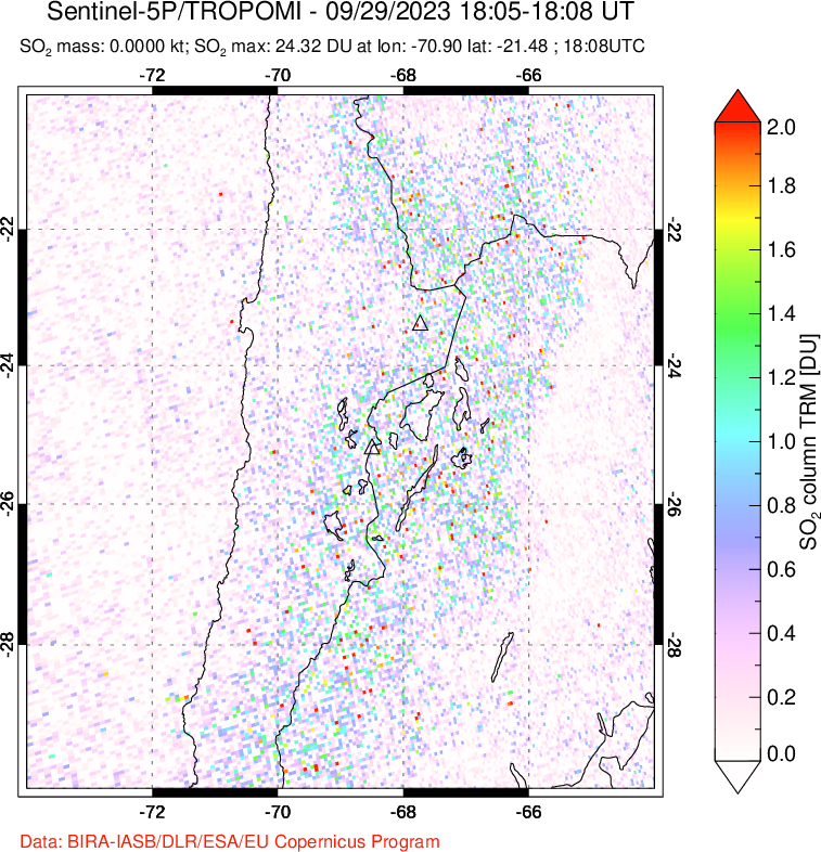 A sulfur dioxide image over Northern Chile on Sep 29, 2023.