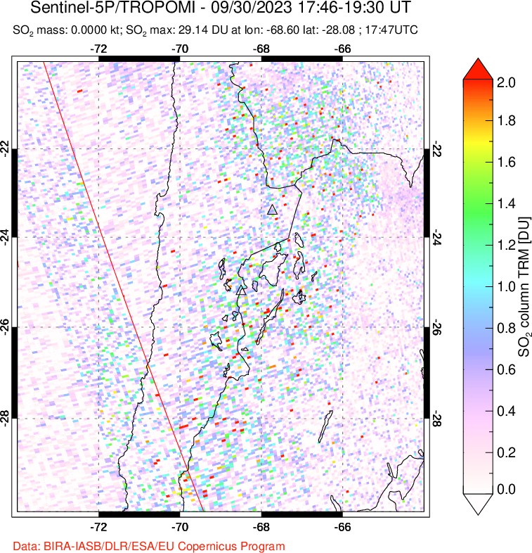 A sulfur dioxide image over Northern Chile on Sep 30, 2023.