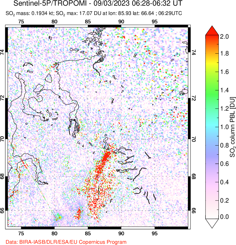 A sulfur dioxide image over Norilsk, Russian Federation on Sep 03, 2023.