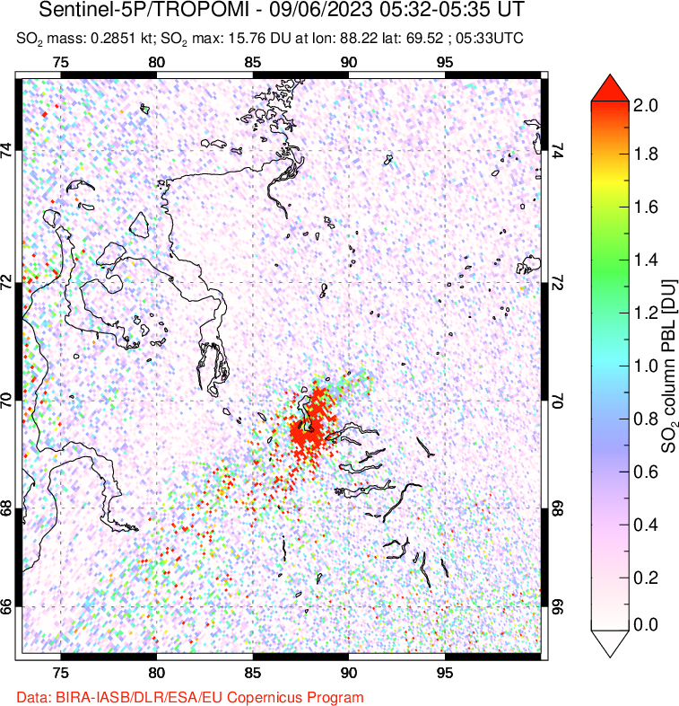 A sulfur dioxide image over Norilsk, Russian Federation on Sep 06, 2023.