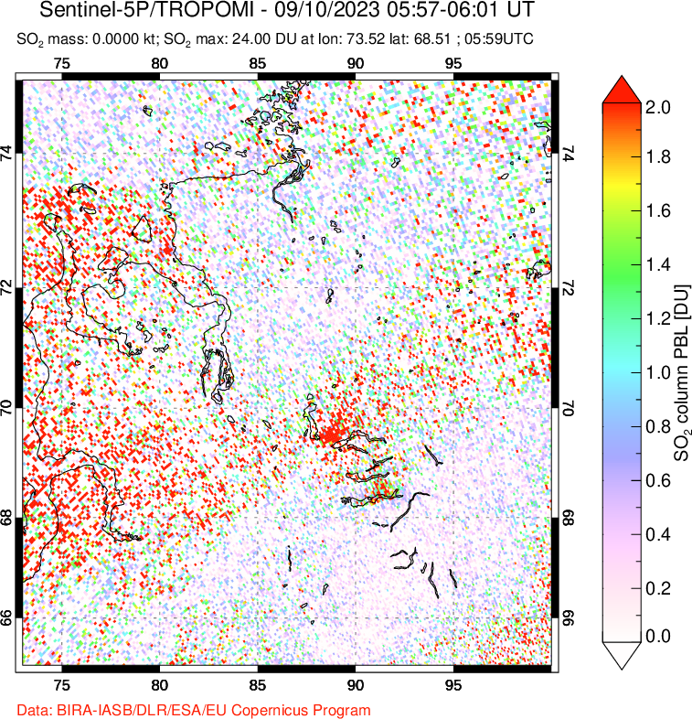 A sulfur dioxide image over Norilsk, Russian Federation on Sep 10, 2023.