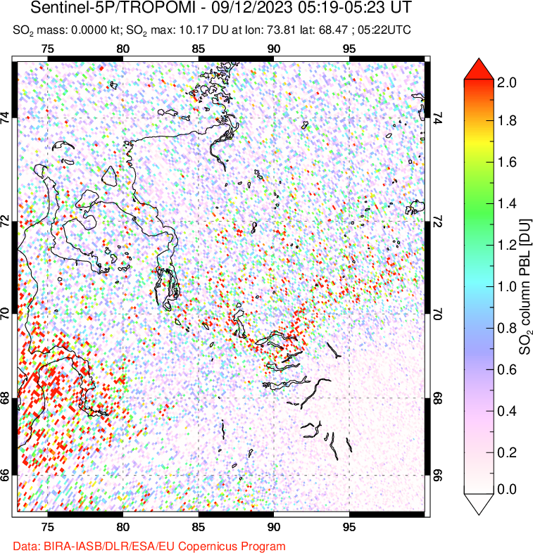A sulfur dioxide image over Norilsk, Russian Federation on Sep 12, 2023.