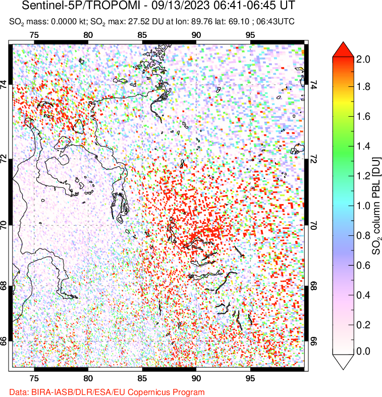 A sulfur dioxide image over Norilsk, Russian Federation on Sep 13, 2023.