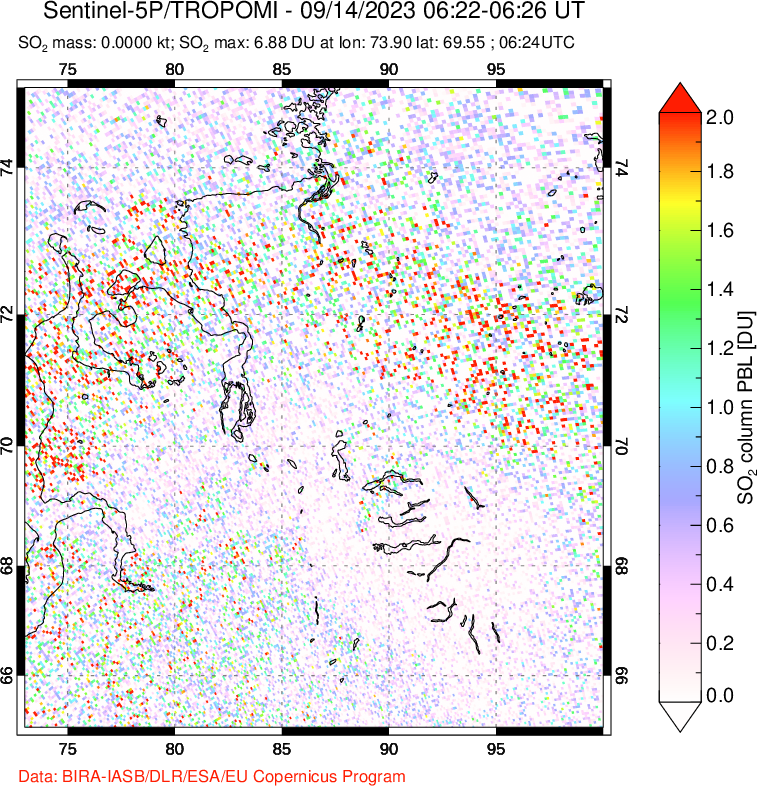 A sulfur dioxide image over Norilsk, Russian Federation on Sep 14, 2023.
