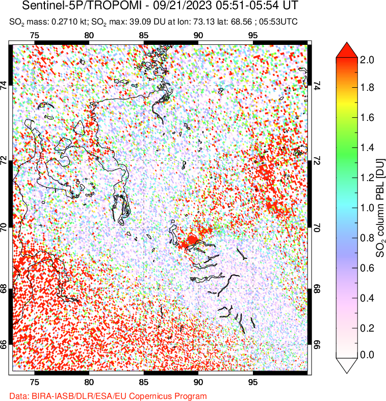 A sulfur dioxide image over Norilsk, Russian Federation on Sep 21, 2023.