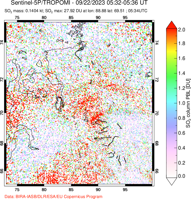 A sulfur dioxide image over Norilsk, Russian Federation on Sep 22, 2023.