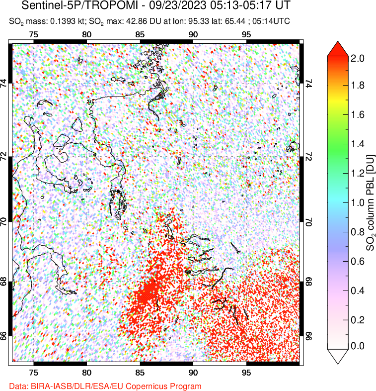 A sulfur dioxide image over Norilsk, Russian Federation on Sep 23, 2023.