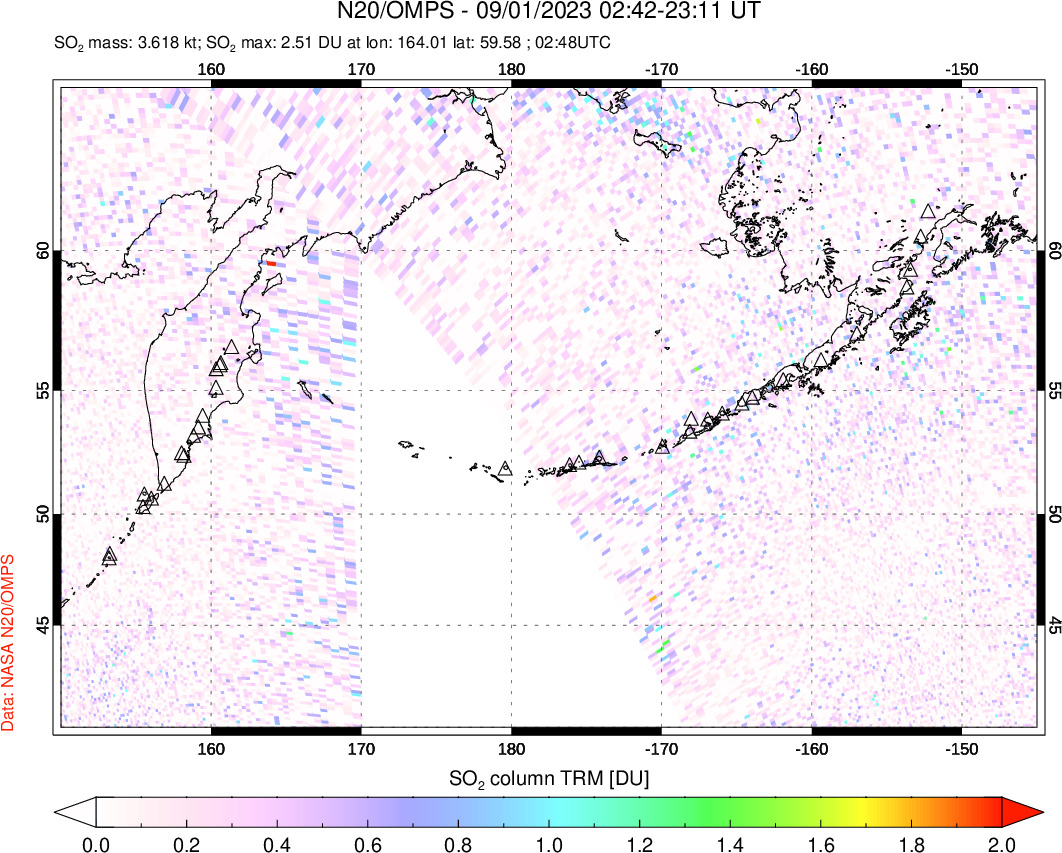 A sulfur dioxide image over North Pacific on Sep 01, 2023.