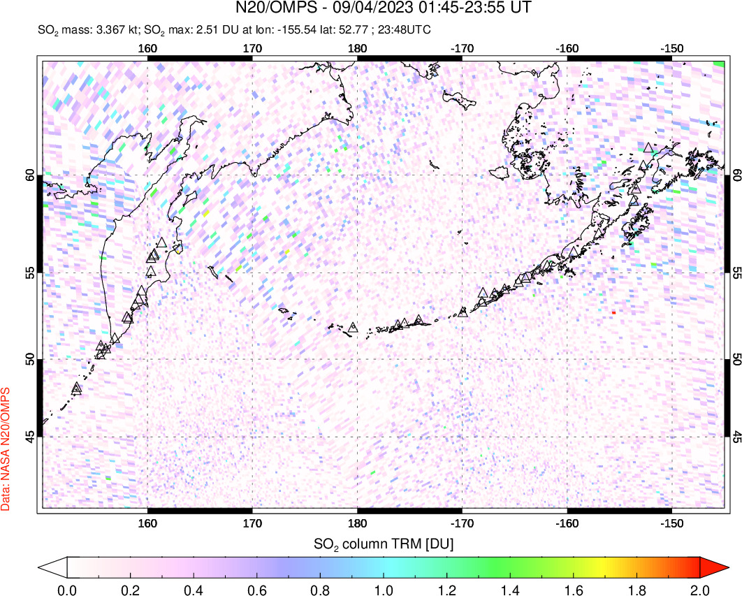 A sulfur dioxide image over North Pacific on Sep 04, 2023.