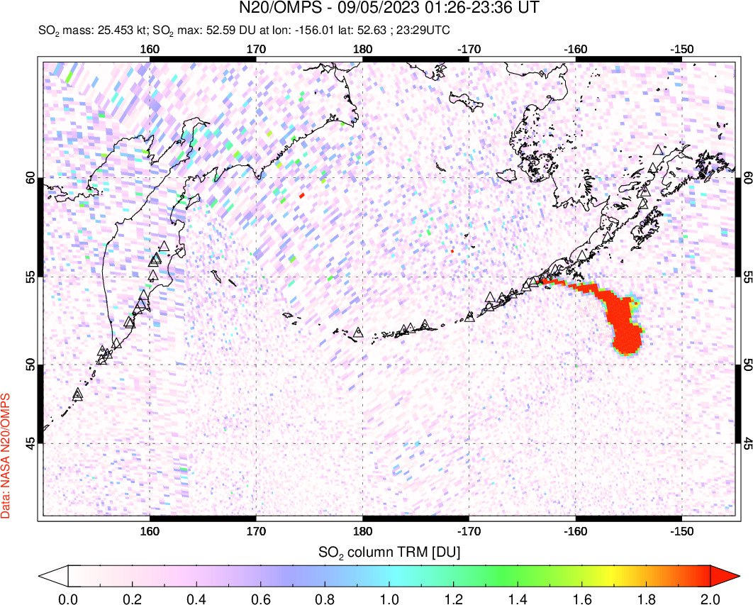 A sulfur dioxide image over North Pacific on Sep 05, 2023.