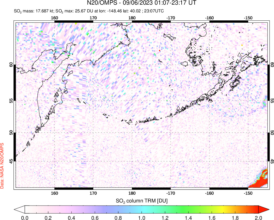 A sulfur dioxide image over North Pacific on Sep 06, 2023.